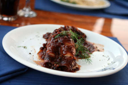 stuffed squid with red sauce gourmet foodの写真素材