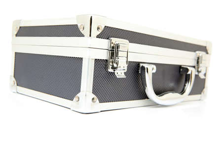 closeup black aluminum briefcase isolated on white backgroundの写真素材