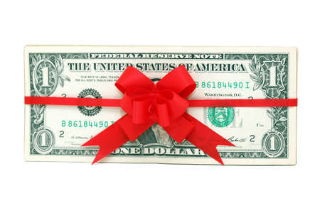one dollar banknotes present with red ribon and bow isolatedの写真素材