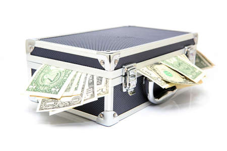 black metalic case full of american dollars isolatedの写真素材