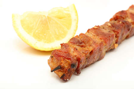 macro lemon and pork kebap  grilled isolated の写真素材