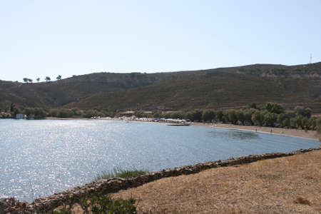 view of agrio livadi beach patmos island greeceの写真素材