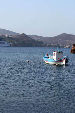 small traditional wooden fishing boat patmos island dodecanese greeceの写真素材