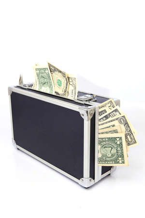 black metalic case closed with money isolatedの写真素材