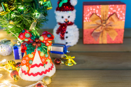 Merry Christmas and happy new year event on wood . Open Warm white lightの写真素材
