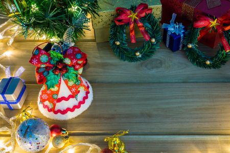 Merry Christmas and happy new year event on wood . Open Warm white lightの写真素材