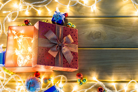 Merry Christmas and happy new year event on wood . Open Warm white lightの写真素材