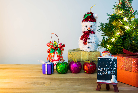 Mary Christmas and happy new year event on wood . Open Warm white lightの写真素材