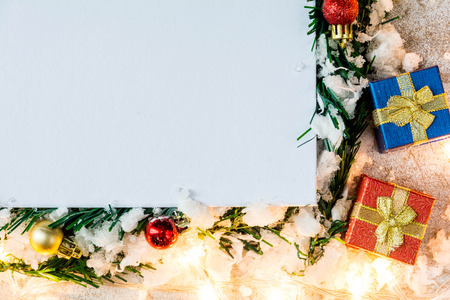Merry Christmas snowing and happy new year event on woodの写真素材