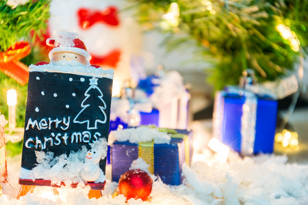 Merry Christmas snowing and happy new year event on woodの写真素材