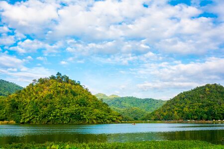 landscape Forest river View and sky at eveningの写真素材