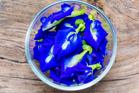 Pea flowers placed in a glass bowl on a wooden tableの写真素材