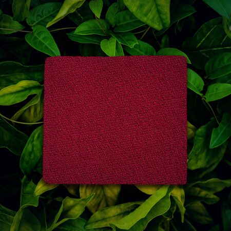 label red fabric on green leaf and texture background