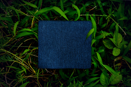 label blue fabric on green leaf and texture background