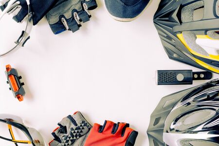 set bicycle equipment on a white paper background with healthy sportsの写真素材