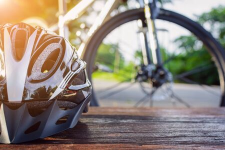 set bicycle equipment on a top wood with healthy sportsの写真素材
