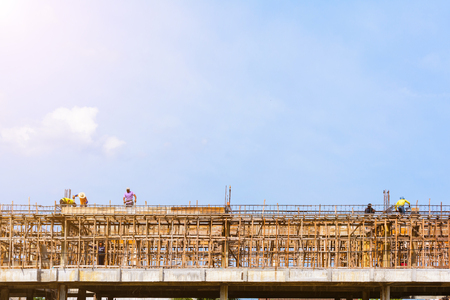 Wood structure and wide-angle construction sky cloud with day labor at high altitudeのeditorial素材