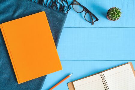 top view book and pencil note on blue wood table with cactus decoration on deskの写真素材