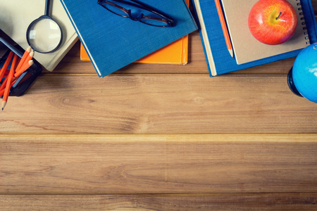 book and equipment on desk wood with education conceptの写真素材
