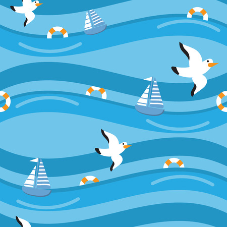 cartoon seamless pattern ship ocean sea background with vector designのイラスト素材