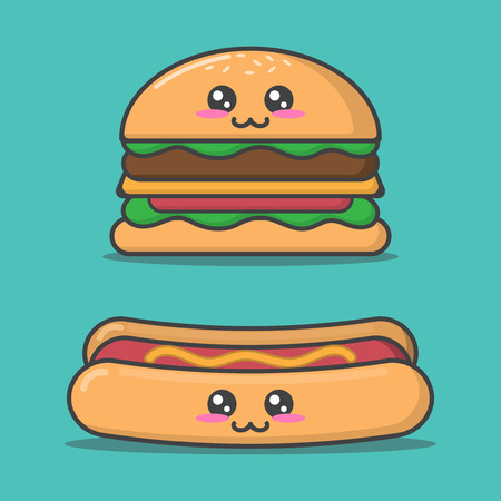 cartoon junk food on green background isolate with cute fast food and vector designのイラスト素材