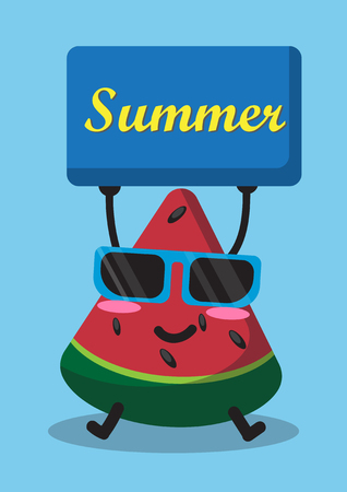 cartoon watermelon and summer background with character cute and vector designのイラスト素材