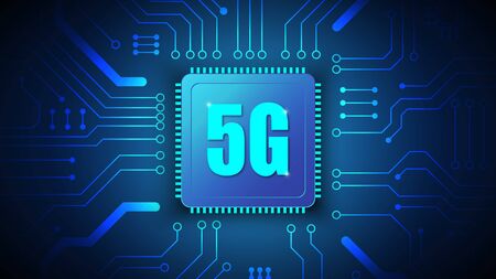 5G speed circuit technology background with hi-tech digital data connection system and computer...