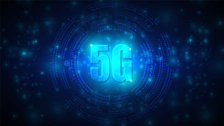 5G speed circuit technology background with hi-tech digital data connection system and computer...