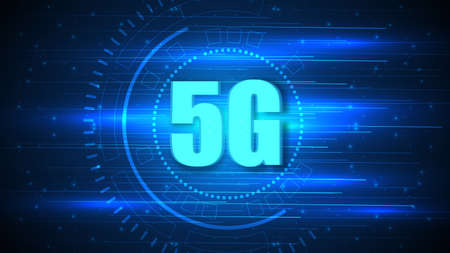 5G speed circuit technology background with hi-tech digital data connection system and computer...
