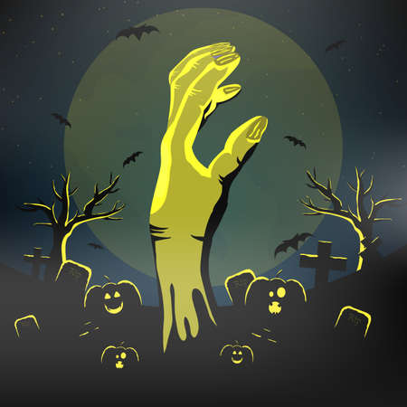 Happy Halloween Carved Pumpkin and Grave with Yellow Full Moonのイラスト素材