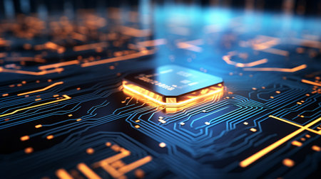 circuit board tech chip on computer motherboard 3d,dark circuit board navy and orange, industrial and technological subjects Generative AIの素材