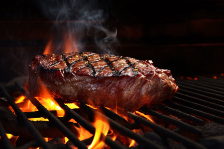 grilling a beef steak against flame and smoke generative aiの素材