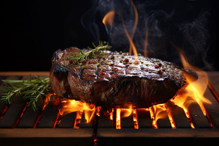 grilling a beef steak against flame and smoke generative aiの素材