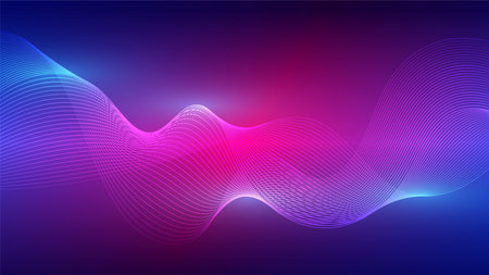 Vibrant abstract background featuring flowing wave lines with gradient colors in purple and pink, ideal for digital and modern design projects needing a dynamic backdrop.のイラスト素材