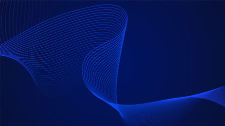 Blue curved lines form fluid wave shapes. Gradient shades create a sense of depth and motion. A dark background emphasizes the vibrant details. The pattern is abstract and visually striking.のイラスト素材