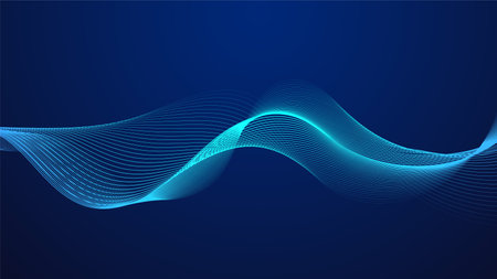 Blue curved lines form fluid wave shapes. Gradient shades create a sense of depth and motion. A dark background emphasizes the vibrant details. The pattern is abstract and visually striking.のイラスト素材
