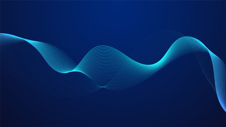 Blue curved lines form fluid wave shapes. Gradient shades create a sense of depth and motion. A dark background emphasizes the vibrant details. The pattern is abstract and visually striking.のイラスト素材