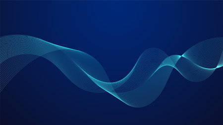 Blue curved lines form fluid wave shapes. Gradient shades create a sense of depth and motion. A dark background emphasizes the vibrant details. The pattern is abstract and visually striking.のイラスト素材