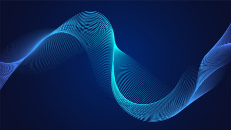 Blue curved lines form fluid wave shapes. Gradient shades create a sense of depth and motion. A dark background emphasizes the vibrant details. The pattern is abstract and visually striking.のイラスト素材