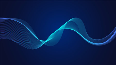 Blue curved lines form fluid wave shapes. Gradient shades create a sense of depth and motion. A dark background emphasizes the vibrant details. The pattern is abstract and visually striking.のイラスト素材