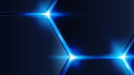 Dark hexagonal pattern with glowing blue highlights, futuristic and modern design, representing technology, innovation, and digital connectivity in a high-tech abstract background.のイラスト素材