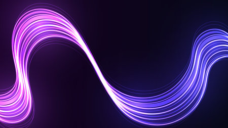 Modern abstract technology background with glowing blue and purple digital waves. Dynamic lines and luminous particles create a vibrant, futuristic flow.のイラスト素材
