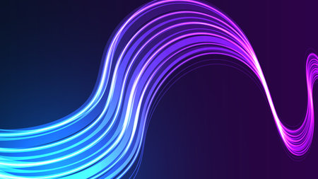 Modern abstract technology background with glowing blue and purple digital waves. Dynamic lines and luminous particles create a vibrant, futuristic flow.のイラスト素材