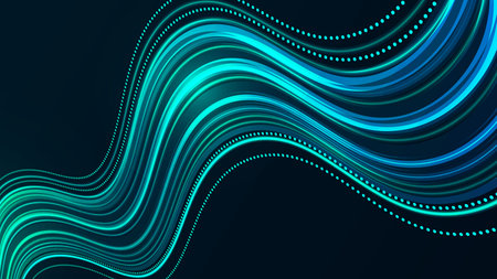 Abstract blue-green glowing digital wave background. Dynamic lines create a modern, futuristic energy flow. Perfect for technology, data, or cyber-themed designs.のイラスト素材
