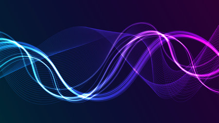 Dynamic abstract digital backdrop with luminous lines in fluid motion. A vibrant futuristic design that visually communicates a sense of high-tech and cyber.のイラスト素材