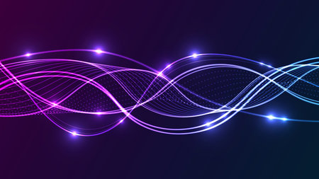 Abstract vertical background with neon light lines and particle flow. Futuristic technology template with ample copy space.のイラスト素材