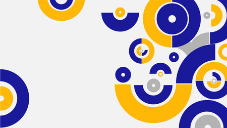 abstract vector illustration featuring a dynamic composition of blue and yellow geometric circle shapes on a light background, with ample copy space.のイラスト素材