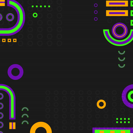 A dark grey background features vibrant green orange and purple geometric shapes in the corners The design includes circles squares lines rings and subtle dotted patternsのイラスト素材