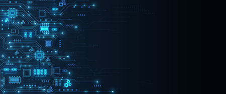 Advanced electronic circuit lines connect multiple artificial intelligence microchips and glowing...
