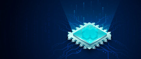 Abstract digital healthcare concept featuring a glowing blue medical cross on an isometric circuit...